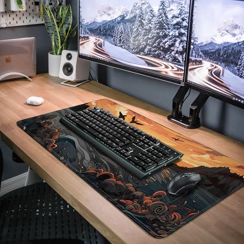 Japanese Sea Waves Large Gaming Mouse Pad,Anime Mouse Pad Gaming Mouse Mat Desk Pad,31.5 x 11.8in Desk Mat Mouse Pads for Desk,Extended Keyboard Pad XL Mousepad with Non-Slip Base and Stitched Edge - color: Japanese Sunset Waves