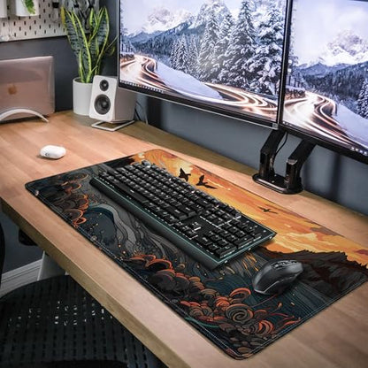 Japanese Sea Waves Large Gaming Mouse Pad,Anime Mouse Pad Gaming Mouse Mat Desk Pad,31.5 x 11.8in Desk Mat Mouse Pads for Desk,Extended Keyboard Pad XL Mousepad with Non-Slip Base and Stitched Edge - color: Japanese Sunset Waves