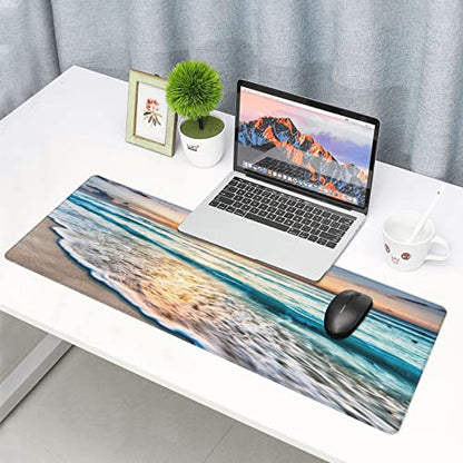 Sunrise Beach Wave Gaming Mouse Pad Large Desk Mat, 31.5x11.8in, XL | Extended Big Mousepad, Waterproof Smooth Surface, Non-Slip Rubber Base, Stitched Edges, For Keyboard Mouse, For Home Office - color: Sunrise Beach Wave
