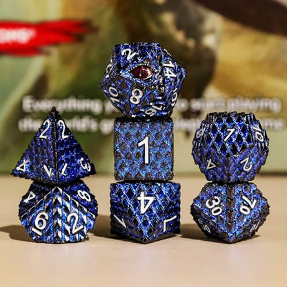 Dragon Eye Metal Dice Set, 7 Pcs Dragon Scale Metallic Dice Set, Gift Metal Box for Dungeons and Dragon Tabletop Game (Glitter Blue Dragon Scale & Red Eye) - color: Glitter Blue Dragon Scale & Red Eye