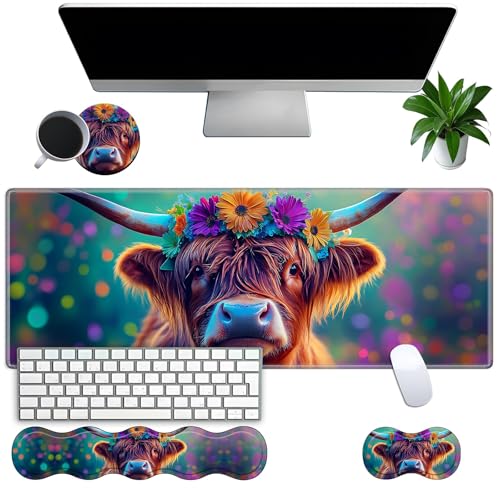 Large Gaming Mouse Pad Set with Wrist Support – 31.5" x 11.8" 4-in-1 XXL Mousepad with Keyboard Wrist Rest, Mouse Wrist Rest & Coaster – Ergonomic Desk Mat for Office, Home – Highland Cow Flower - color: Highland Cow Flower