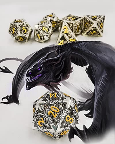 Metal DND Dice Set Dungeons and Dragon Dice Set Hollow Dragon Polyhedral Magic 7 PCS Dice Set with Gift Metal Box for Dungeons and Dragons Table Games Play Cards MTG(Dragon_Ancient Silver and Gold) - color: Dragon_ancient Silver and Gold