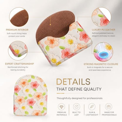 Business Card Holder，PU Leather Business Card Case for Purse，Pocket Travel Name Card Case Holder Wallet for Men Gift，Portable Magnetic Business Card Carrier Flowers - color: Flowers