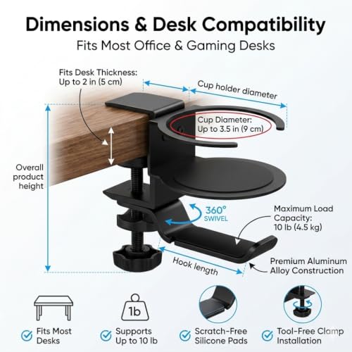 Foldable Aluminum Under Desk Headphone Hanger with Cup Holder, 2-in-1 Clamp-on Headset Stand & Drink Holder, Heavy Duty Gaming Headphone Hook for Office, Home, Gaming Desk - Black