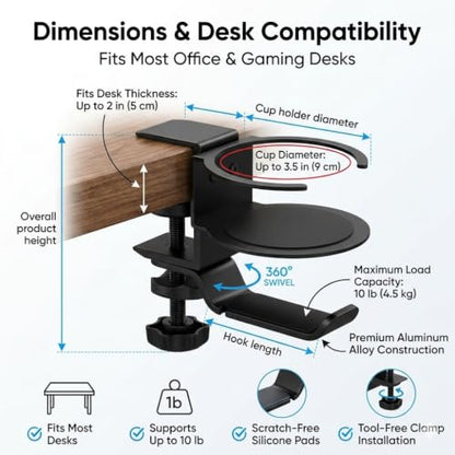 Foldable Aluminum Under Desk Headphone Hanger with Cup Holder, 2-in-1 Clamp-on Headset Stand & Drink Holder, Heavy Duty Gaming Headphone Hook for Office, Home, Gaming Desk - Black