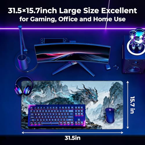 Large Lion Gaming Mouse Pad, Chinese Landscape Desk Mat 31.5X15.7 | HD Print, Non Slip Rubber Base, Waterproof Fabric Top, Stitched Edges, Ideal Gift for Dorm, Home, Office & Back to School - color: Iblue