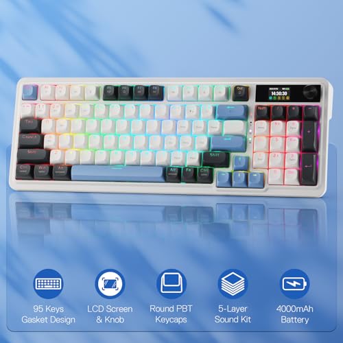 Redragon K719 Wireless Gasket Gaming Keyboard w/Hype Screen & Knob, 95 Keys Mechanical Keyboard, Easy-Control 1.14’’ TFT Info Display, 5-Layer Noise Dampener, Round PBT Keycaps, Mint Mambo Switch - color: Glacier Azure