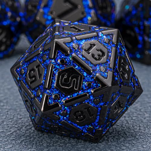 DND Metal Dice Set with Cracks, Polyhedral Dice for RPG D&D Dungeons and Dragons RPG TTRPG D and D 7-Die with Gift Case (Black Nickel Sapphire Blue) - color: Black Nickel Sapphire Blue