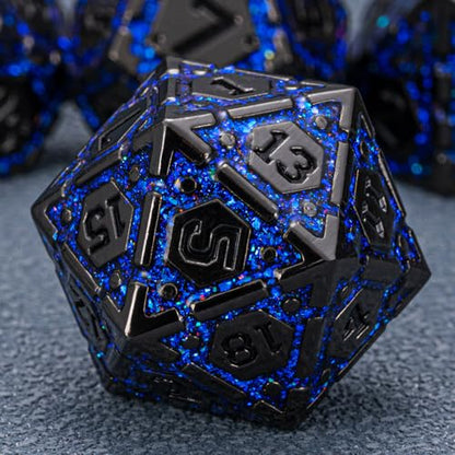 DND Metal Dice Set with Cracks, Polyhedral Dice for RPG D&D Dungeons and Dragons RPG TTRPG D and D 7-Die with Gift Case (Black Nickel Sapphire Blue) - color: Black Nickel Sapphire Blue