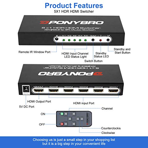HDMI 2.0 Switch 5 Port 4K@60Hz Auto-Switching – 5 in 1 Out with Remote, HDR10, 3D, Ultra HD for PS5/Xbox/PC/Fire TV, Zero Delay
