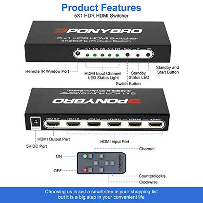 HDMI 2.0 Switch 5 Port 4K@60Hz Auto-Switching – 5 in 1 Out with Remote, HDR10, 3D, Ultra HD for PS5/Xbox/PC/Fire TV, Zero Delay