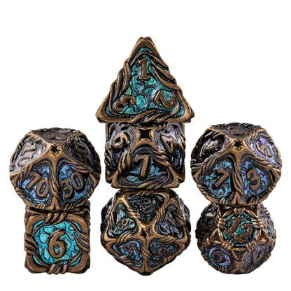 7-Die Metal DND Dice Set Role Playing Dice for RPG Table Games | Vine Design PU Leather Pouch for Dungeons and Dragons - color: Vine-bronze Color-changing