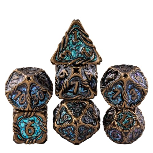 7-Die Metal DND Dice Set Role Playing Dice for RPG Table Games | Vine Design PU Leather Pouch for Dungeons and Dragons - color: Vine-bronze Color-changing