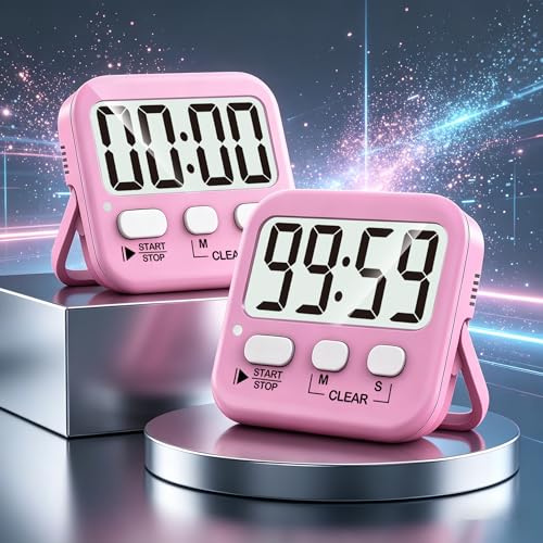2 Pack Digital Timer for Kids Classroom Kitchen Timers for Cooking | w/ Battery, Easy to View, Alarm, Mute Mode, Count Down/Up, Magnetic, Kickstand, Hanging, Classroom Timer for Teacher Supplies - color: Relaxing Pink