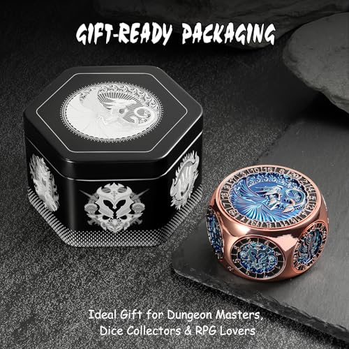 DNDND Unique Spinner Dice, 8-in-1 Hexagonal Metal Dice with Dual D20 Monster Themed Dice Set for DND Dungeons and Dragons, Dungeon Masters with Collectible Gift Tin (Rose with Teal) - color: Rose Teal