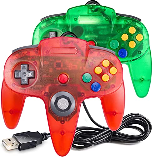 2 Pack Classic N64 Controller, Wired USB PC Game Pad Joystick, Bit USB Wired Game Stick Joy Pad Controller for Windows PC, MAC, Linux, Raspberry Pi 3, Sega Genesis (Clear Green/Clear Red) - color: Clear Green/Clear Red