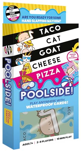 Taco Cat Goat Cheese Pizza Poolside Waterproof Card Game by Taco Cat Games | Wipeable plastic cards survive splashes & sand, free clip included, great for travel, 10-min rounds, Ages 7+, 2-8 Players