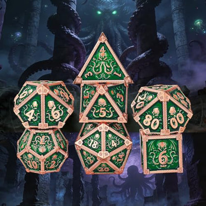 Metal Dice Set, Octopus Pattern, 7pcs Polyhedral Metal DND Dice Set, DND Starter Set, D&D Gifts with Gift Bag, Role Playing Board Games Accessories, Red Copper Border Green - color: Green With Gift Bag