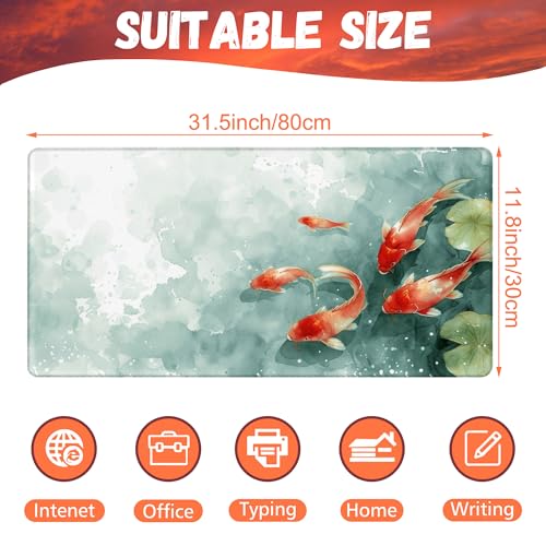 Desk Pad, Watercolor Koi Fish Desk Mat, Koi Fish in Pond Large Gaming Mouse Pad, 31.5"x15.7" Extended Big Computer Keyboard Mouse Pad with Non-Slip Base and Stitched Edge - color: Watercolor Koi Fish