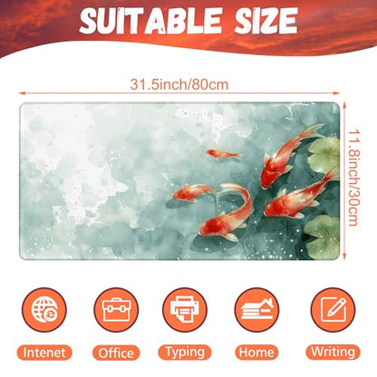 Desk Pad, Watercolor Koi Fish Desk Mat, Koi Fish in Pond Large Gaming Mouse Pad, 31.5"x15.7" Extended Big Computer Keyboard Mouse Pad with Non-Slip Base and Stitched Edge - color: Watercolor Koi Fish