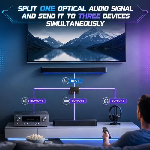 J-Tech Digital Optical Splitter 1 in 3 Out for TV, Toslink Splitter 1x3 SPDIF Audio Splitter 1:1 Transmission Support LPCM2.0, DTS, Dolby Digital