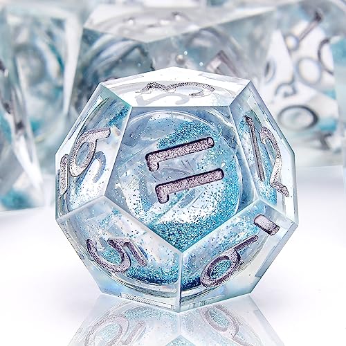 AUSTOR 7-Die DND Dice Set Sharp Edge Resin Dice Handmade Polyhedral Dice for Dungeons and Dragons RPG MTG Table Games（Liquid Quicksand, Light Blue - color: Liquid Quicksand,light Blue