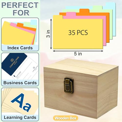 DSYIL Index Card Holder, Wooden Index Card Box, 3 x 5 Flash Cards Holder with 50 Dividers, Recipe Cards Case for Organizing 3 x 5 inches Business Cards and Study Note Cards