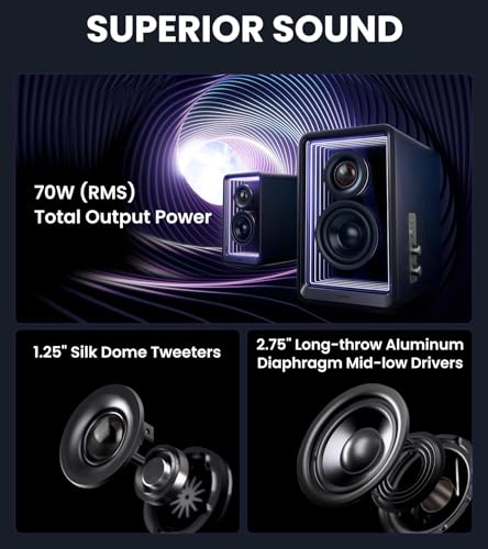 Edifier QR65 Desktop Active Monitor with 2.75" Long-Throw Aluminum Diaphragm mid-Low Drivers, Hi-Res Audio, Brilliant Light Effects, 70W Output Power Bluetooth Speakers with Stands - Black - color: Black