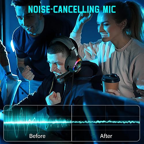 Tatybo Gaming Headset for PS4 PS5 Xbox One PC, Over-Ear Gaming Headphones with Surround Sound, Noise Canceling Mic, RGB Light