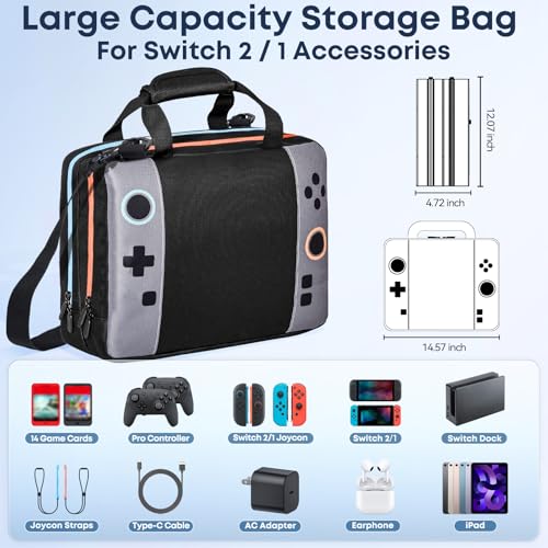 Switch 2 Bag,Switch 2 Travel Case for Nintendo 2 Console & OLED - Hard Shell Protective Storage Bag Carrying Case for Pro Controller, Dock, Joycon, Charger, Cables,14 Game Card Slots, Accessories - size: Large