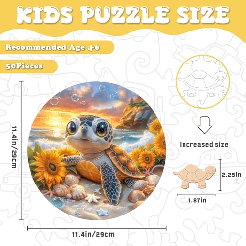 Ocean Animal Wooden Puzzles for Kids - Sea Turtle (11.4 * 11.4 in) | 50 Piece Puzzles for Kids Ages 6-8, Kids Puzzles with Unique Animal Shapes, Round Gift for Girls and Boys - color: Sea Turtle
