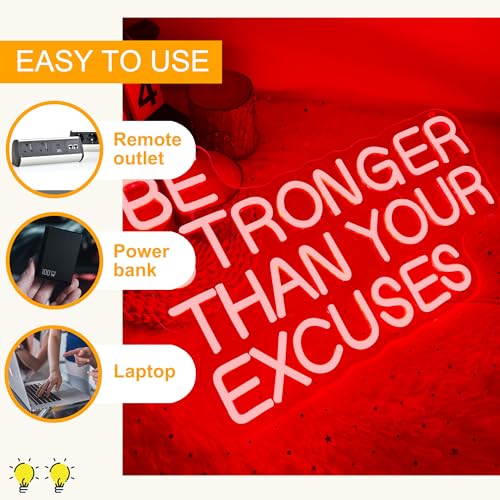 Allball Be Stronger Than Your Excuses Neon Sign, Gym Neon Light Motivational Sign USB Powered LED Dimmable, for Gym Office Classroom Bedroom Bar Gymnastic Athletes Sign(15.7 * 10.6 In) - color: Red4