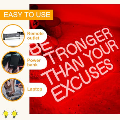 Allball Be Stronger Than Your Excuses Neon Sign, Gym Neon Light Motivational Sign USB Powered LED Dimmable, for Gym Office Classroom Bedroom Bar Gymnastic Athletes Sign(15.7 * 10.6 In) - color: Red4