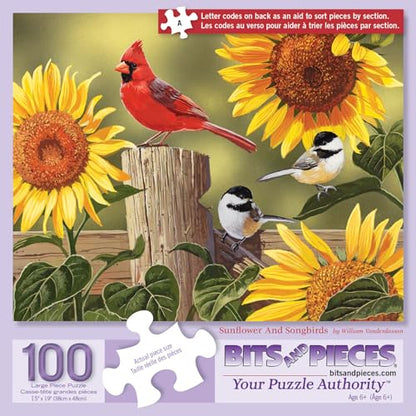 Bits and Pieces – 100 Piece Jigsaw Puzzle for Adults – Sunflower & Songbirds - Cardinals Jigsaw Puzzle by William Vanderdasson, Completed Puzzle Size: 15" x 19" - size: 100 Piece Puzzle