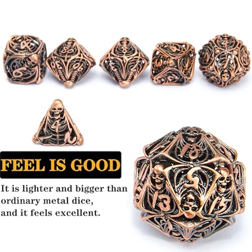 Metal Skull Dice Set Hollow Multi-Sided Dungeons & Dragons Dice 7CPS Role-Playing Dice Set with Flannel Bag Suitable for D&D Board Game Cards(Antique red Copper) - color: Antique Red Copper