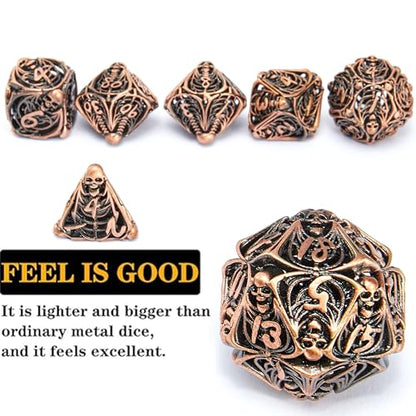 Metal Skull Dice Set Hollow Multi-Sided Dungeons & Dragons Dice 7CPS Role-Playing Dice Set with Flannel Bag Suitable for D&D Board Game Cards(Antique red Copper) - color: Antique Red Copper