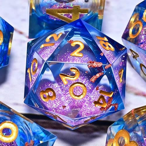Dungeons and Dragons Liquid Core Dice Set D&D, Polyhedron DND Resin dice Set, Used for Role-Playing dice Magic Pathfinder Game DND dice Set (7 Pieces) - color: S Zhi-purple + Gold