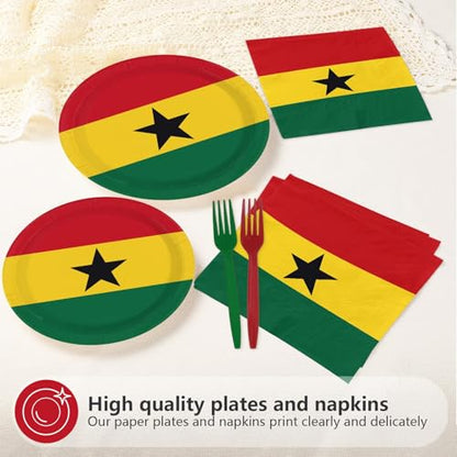96 Pcs Ghanaian National Flags Party Decorations, Serves 24 | Flag of Ghana Plates and Napkins Red Yellow Green African Theme Set for Ghana Sports Soccer Events Independence Day Party - style: Ghana Themed Plates m