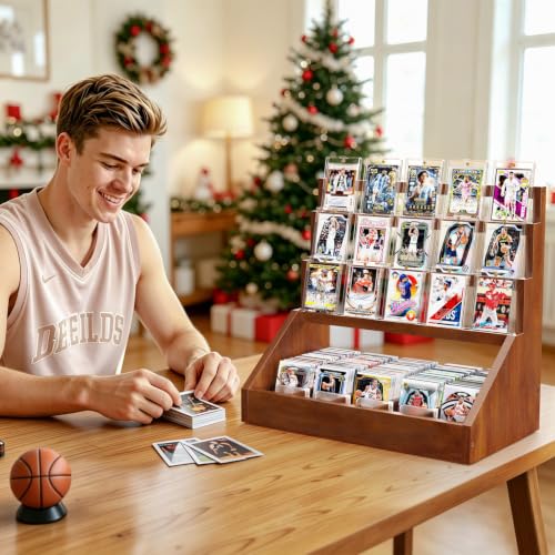 Emfogo Trading Card Display, 3-Tier Card Display Stand with 5-Row Storage, Wooden Graded Card Display, Large Capacity Sports Cards Display Case for Cards Game Collection (Walnut) - color: Walnut