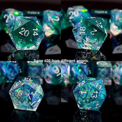 Haxtec DND Dice Set Sharp Edge Resin Dice Iridecent Inclusion with Dice Case Green D&D Dice for RPG Role Playing Games Compatible with Dungeons and Dragons Gift Galaxy Series - color: Green