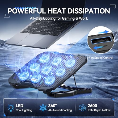 TECKNET Laptop Cooling Pad with Phone Stand, 9 Quiet Fans with LED Lights, 5 Height Adjustable & 2 USB Ports, Stepless Speed Control to 2600 RPM Laptop Cooler, Laptop Cooling Stand for 12-17.3 Inch