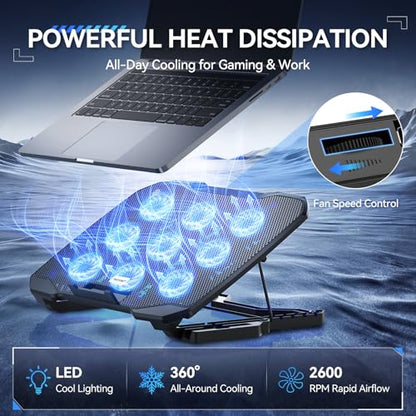 TECKNET Laptop Cooling Pad with Phone Stand, 9 Quiet Fans with LED Lights, 5 Height Adjustable & 2 USB Ports, Stepless Speed Control to 2600 RPM Laptop Cooler, Laptop Cooling Stand for 12-17.3 Inch