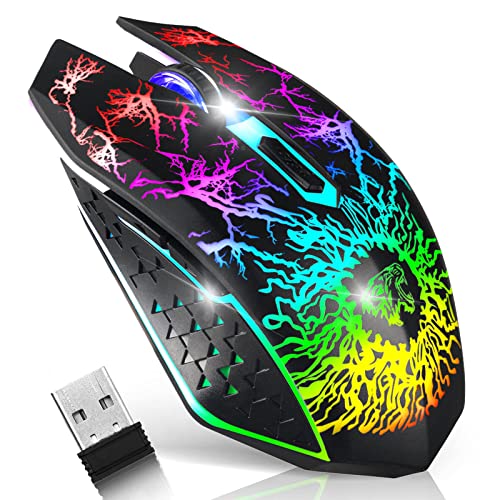 VEGCOO Wireless Gaming Mouse, Rechargeable Gaming Mouse, Silent Optical Mice with 2.4G USB Receiver, 3 Level DPI, 6 Buttons, 7 Colors LED Lights for PC/Mac Gamer, Laptop and Desktop - color: black
