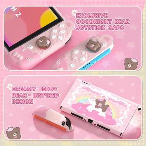 PlayVital Good Night Bear Dockable Case for Nintendo Switch 2 with Stand | Split Design Silicone Joycon Grips, PC Console Hard Shell, 2 Joystick Caps | Cute Protective Cover Bundle – Pink - color: Pink