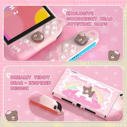 PlayVital Good Night Bear Dockable Case for Nintendo Switch 2 with Stand | Split Design Silicone Joycon Grips, PC Console Hard Shell, 2 Joystick Caps | Cute Protective Cover Bundle – Pink - color: Pink