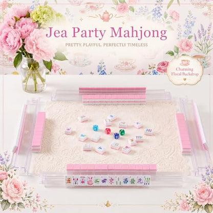 Soulchen 1.2 Inch Pink Tea Party Themed American Mahjong Tiles Set | Complete 168 Pastel Melamine Tiles with Dice Large Tote Bag Portable Pouch for Game Night Travel Vacation Collection Gift