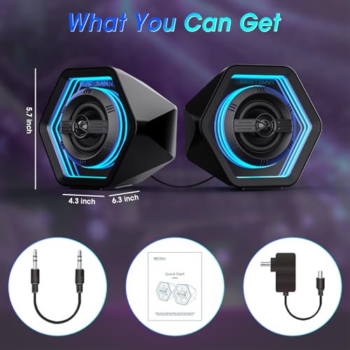 Computer Gaming Speakers, 50W Active Desktop Speakers with Infinity Mirror 3D Tunnel RGB (8 Modes), Bluetooth 5.3, AUX in, Headphone Out & Type-C Input, 3 EQ Modes, AC Powered for PC/Laptop/TV
