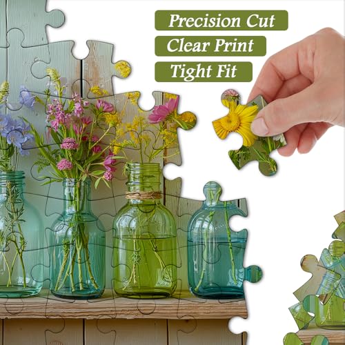 Wildflower 1000 Piece Puzzle for Adults, PICKFORU Whispering Blooms Summer Flower Garden Jigsaw Puzzle, Challenging Retro Vibrant Sunflower Vase Theme as Home Decor - style: Whispering Blooms