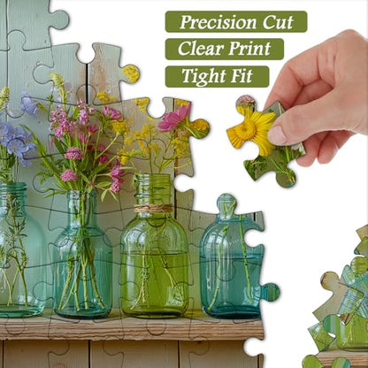 Wildflower 1000 Piece Puzzle for Adults, PICKFORU Whispering Blooms Summer Flower Garden Jigsaw Puzzle, Challenging Retro Vibrant Sunflower Vase Theme as Home Decor - style: Whispering Blooms