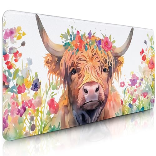 Gaming Mouse Pad, Highland Cow Mousepad Large, Big Desk Accessories Mat with Non-Slip Rubber Base Stitched Edges, Gifts for Highland Cow Lover, for Keyboard Mouse 15.7” x 35.4” XXL Gift for Christmas - color: Yellow-HighlandCattle, size: XX-Large